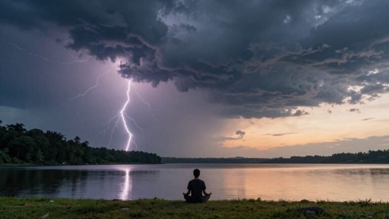 Stormy sky versus calm sunrise with meditating person.