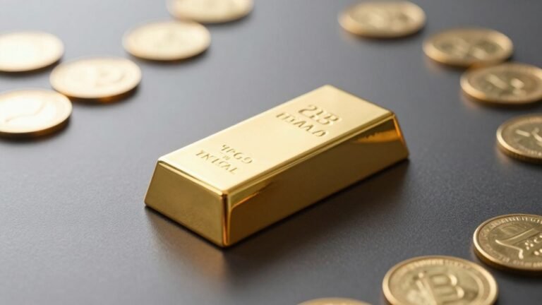 A polished gold bar and coins on a dark surface