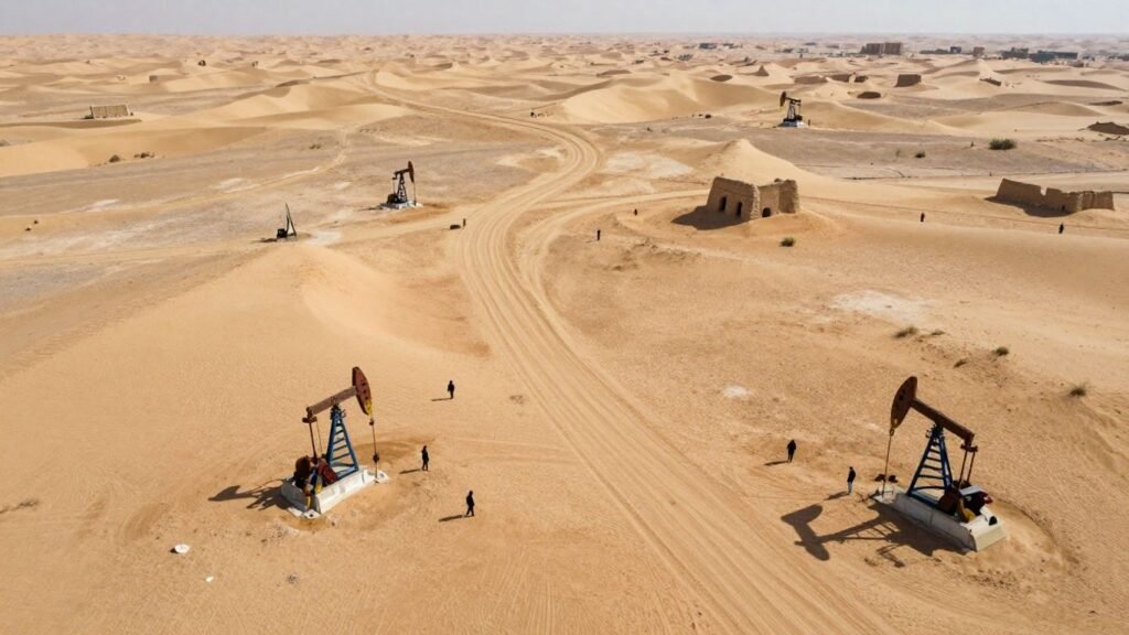 West Asia landscape with converging routes and shadowy figures.