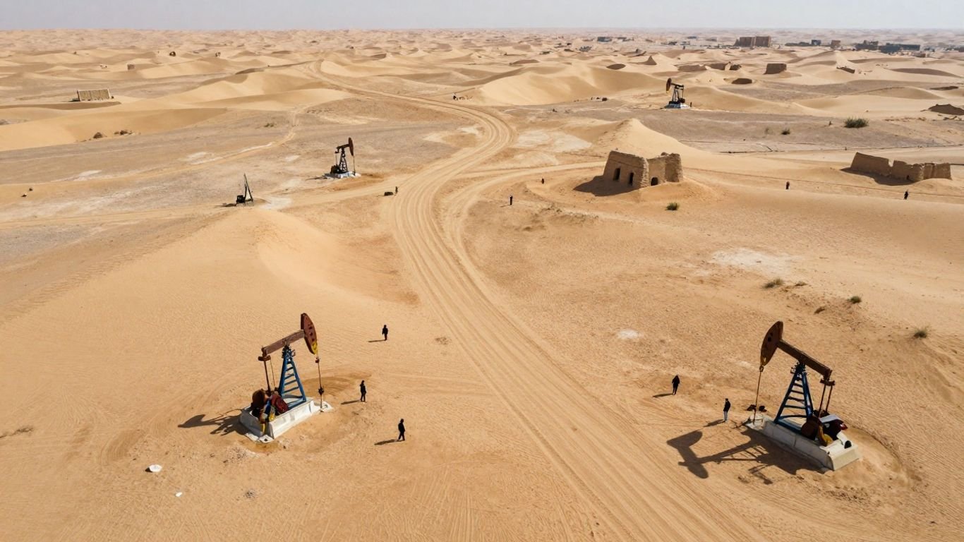 West Asia landscape with converging routes and shadowy figures.