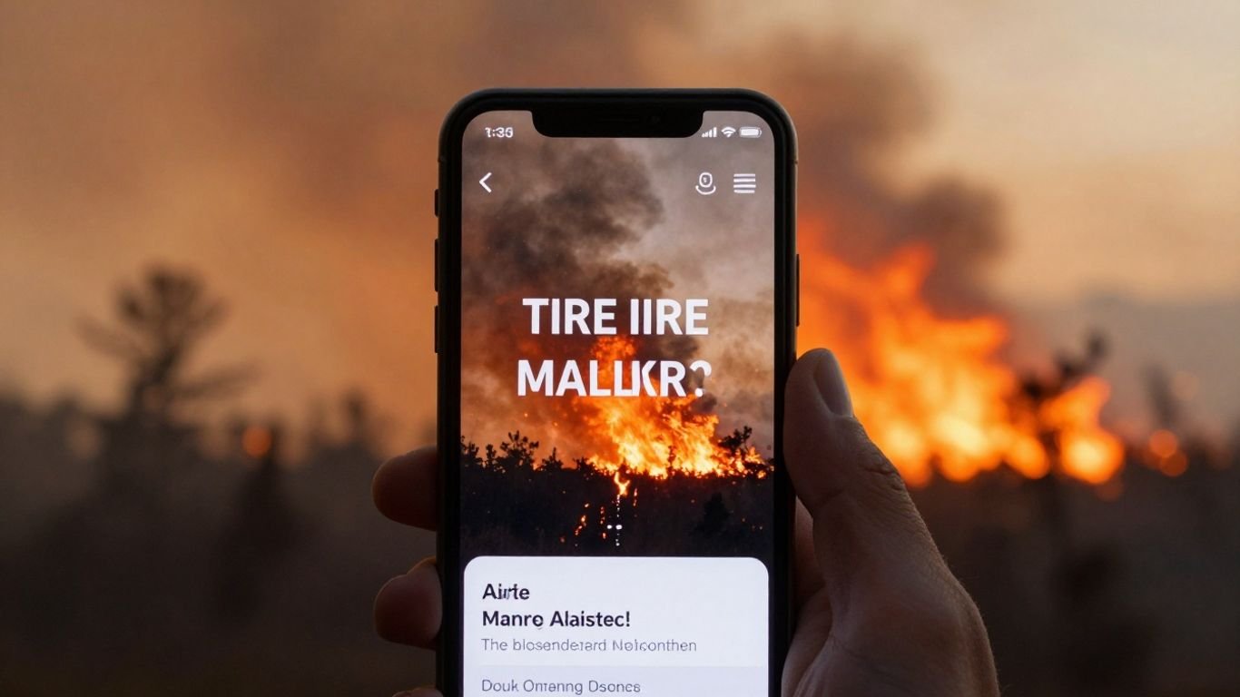 Phone displaying wildfire alert with smoky orange sky.