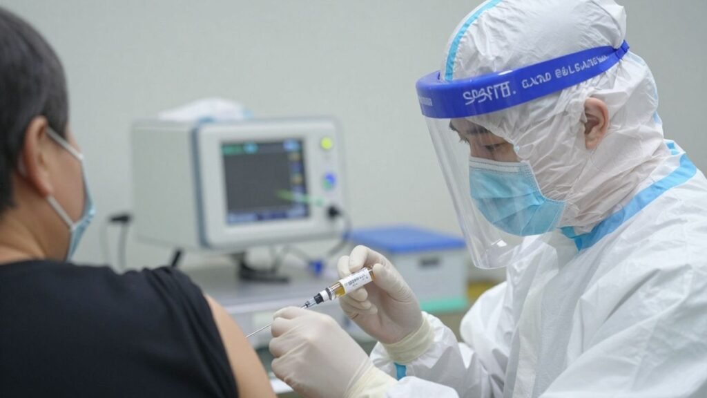 Medical worker gives vaccine during Ebola outbreak response.