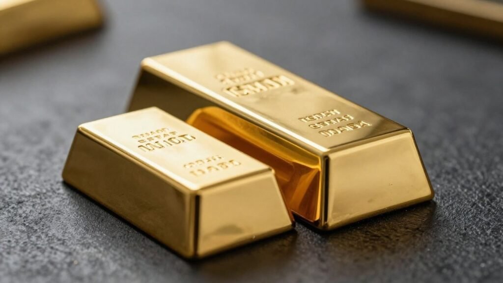 A single gold bar with light glinting off its surface.