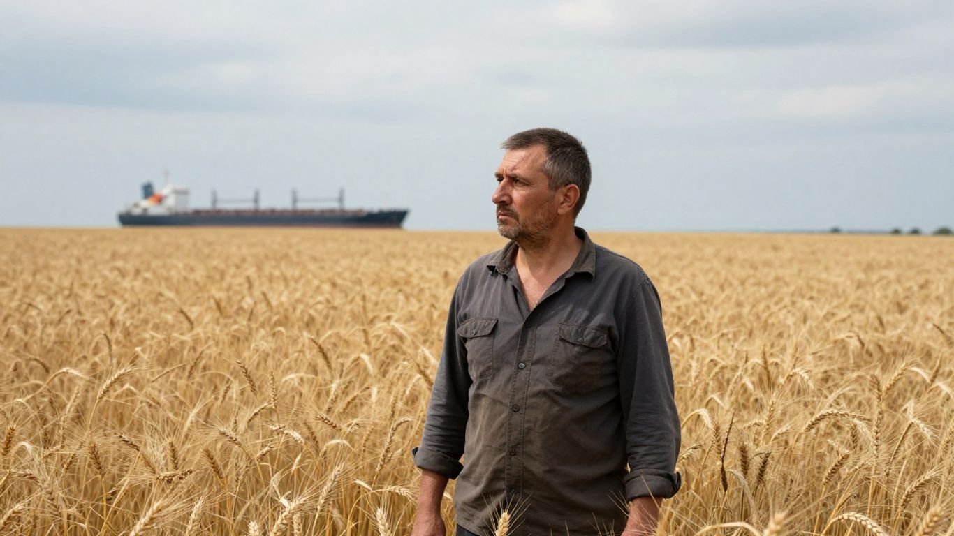 Ukrainian farmer in wheat field, Black Sea blockade.