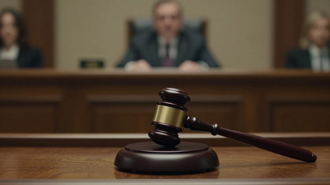 Courtroom with gavel and blurred figure