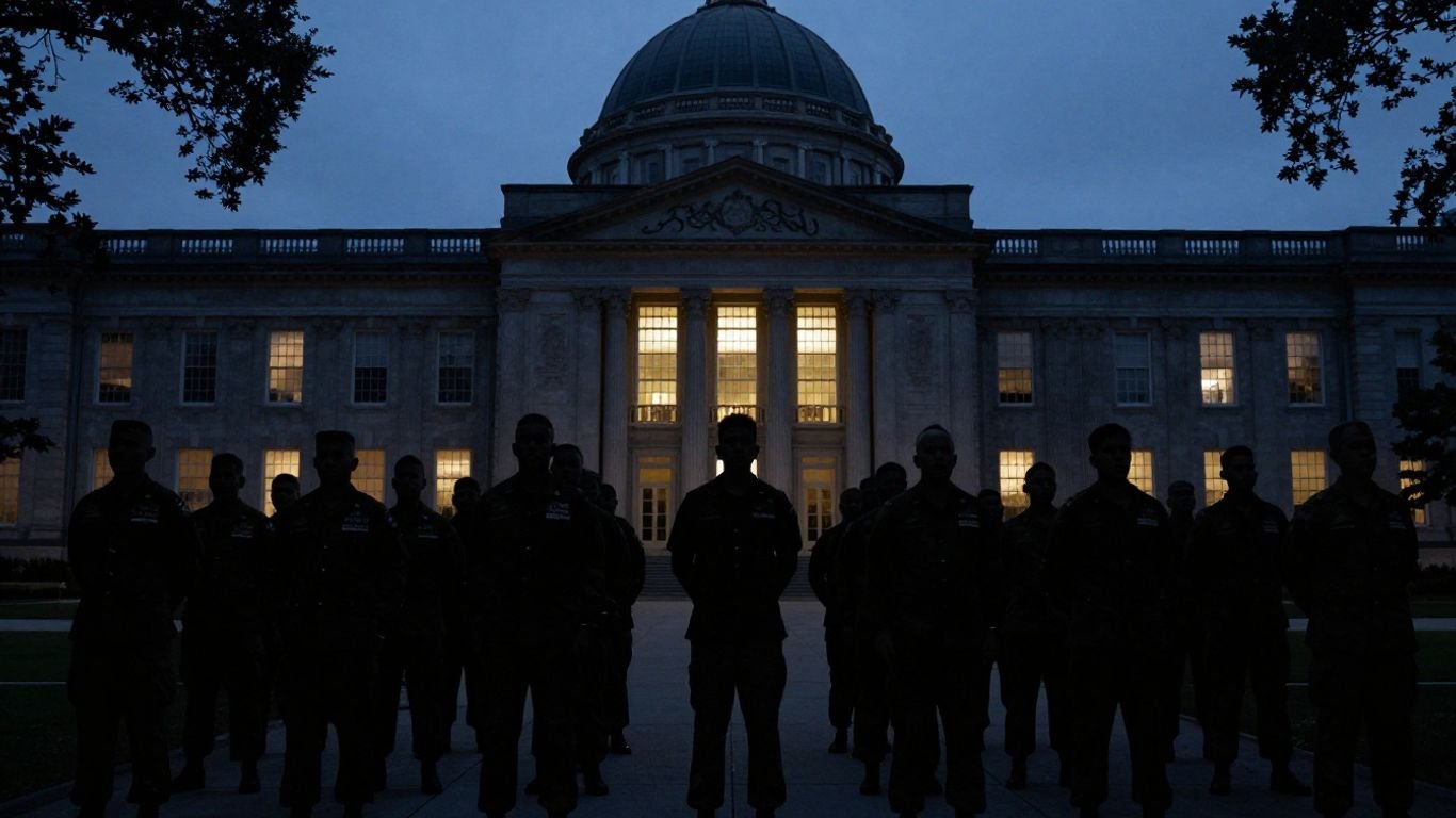 Pentagon building with shadowy figures, conveying unease.