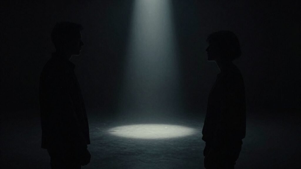 Two figures in silhouette facing each other in dim light.