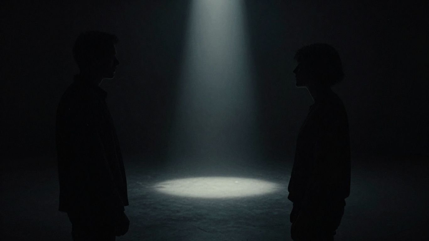 Two figures in silhouette facing each other in dim light.
