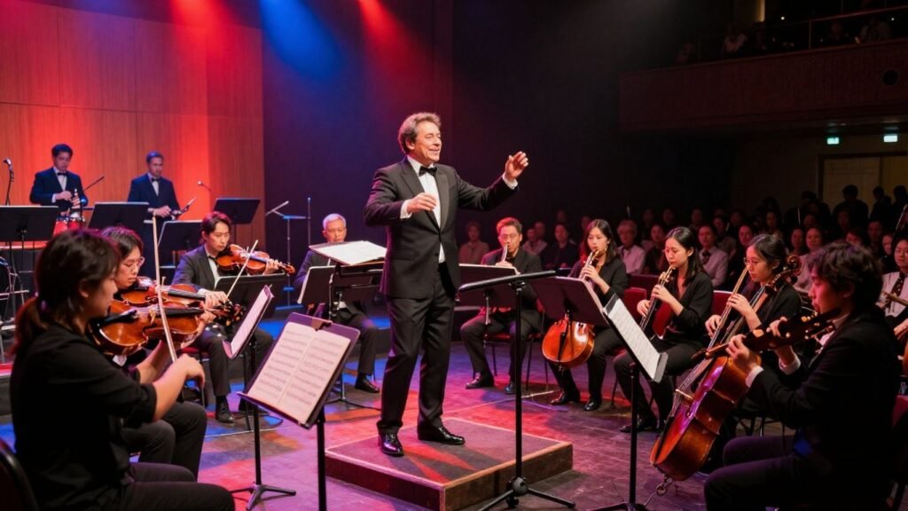 Orchestra performing on a brightly lit stage.