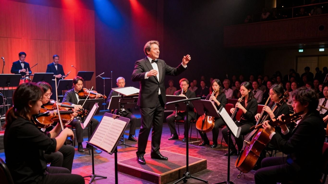 Orchestra performing on a brightly lit stage.