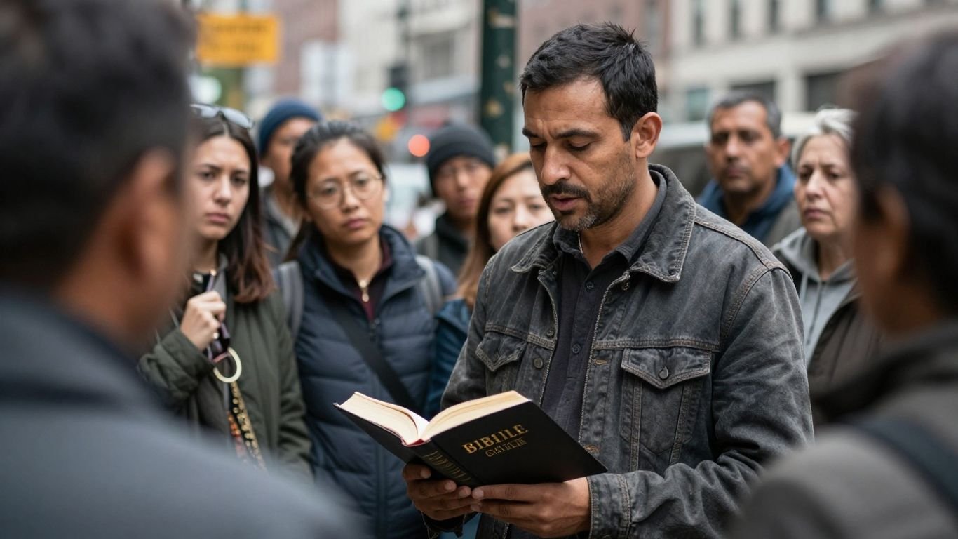 Street preacher reading Bible, causing offense.
