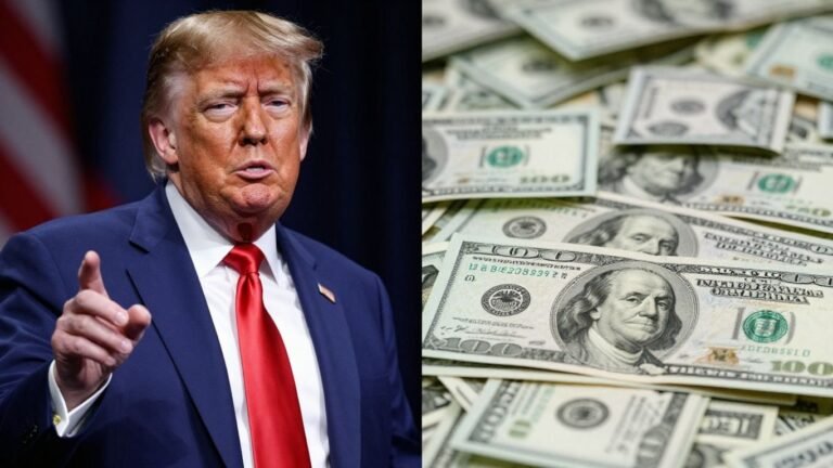 [Donald Trump] gestures near a pile of money.