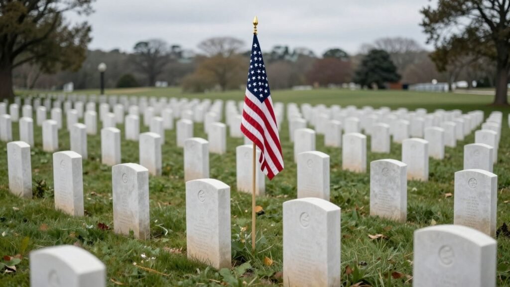 American military cemetery with flag