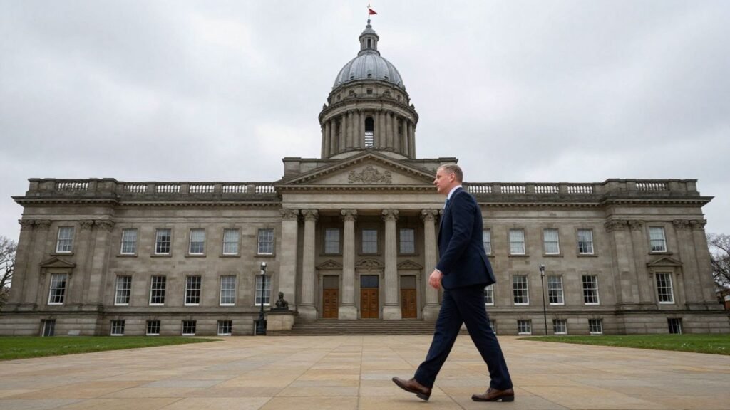 Politician walks towards Stormont building for budget talks.