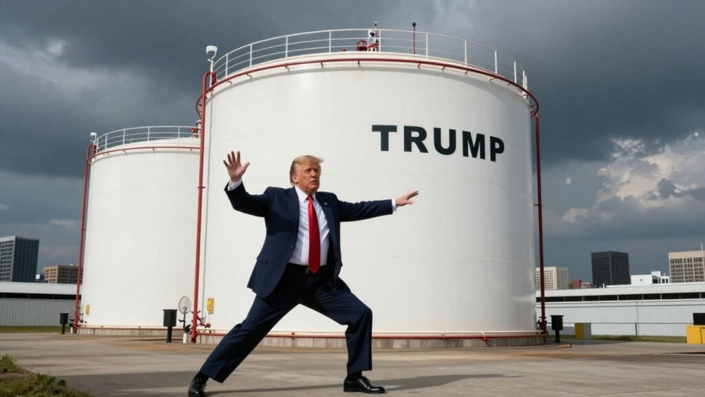 [Trump] and diesel tanks with storm clouds.