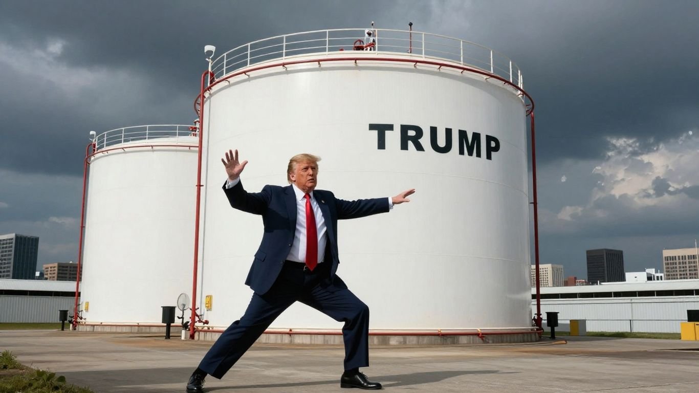 [Trump] and diesel tanks with storm clouds.