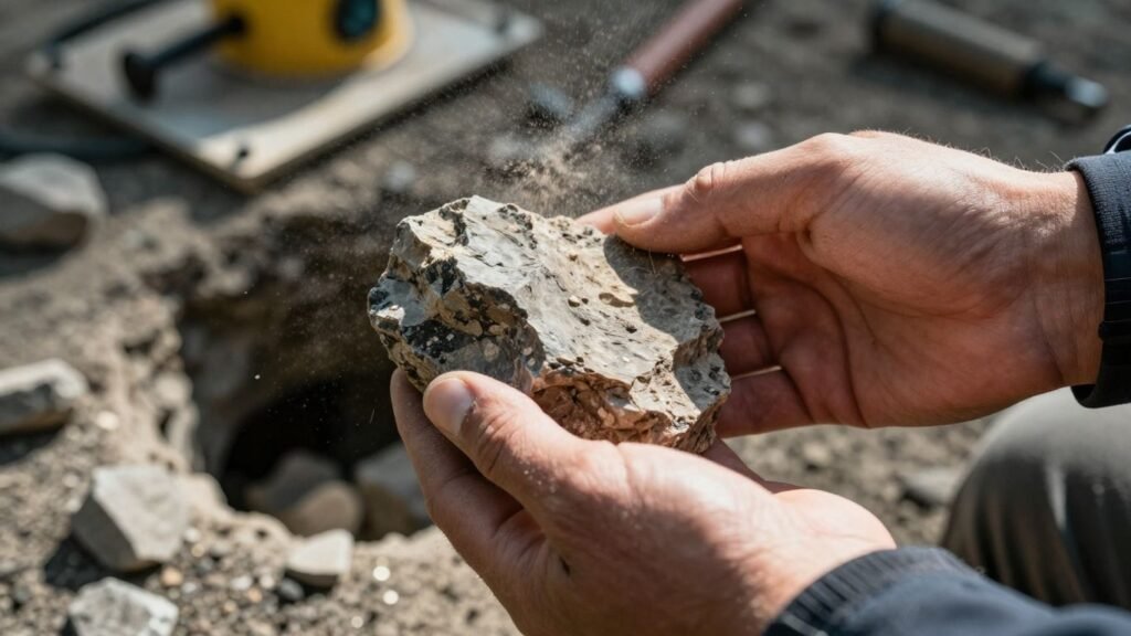 Geologist examining rock sample in a mine.