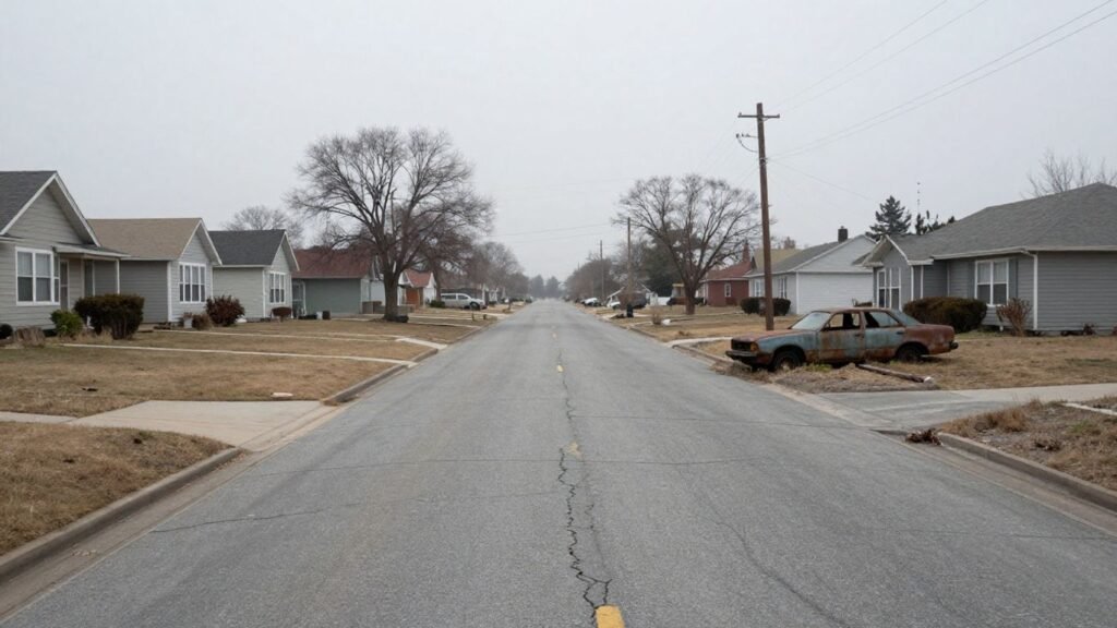Empty suburban street with abandoned car and overgrown lawns.
