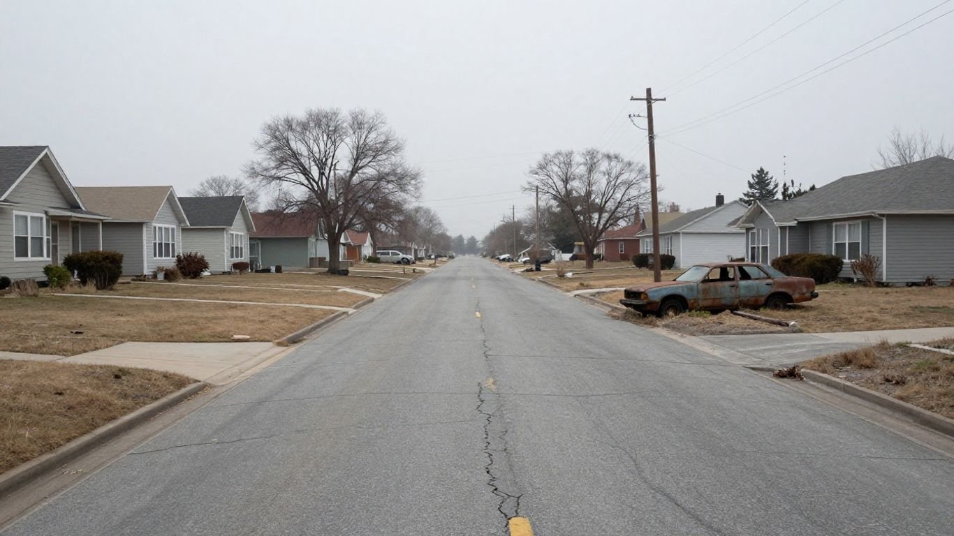 Empty suburban street with abandoned car and overgrown lawns.