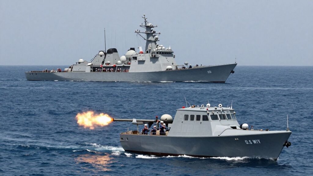 US Navy ship fires at Iranian boats near drone.
