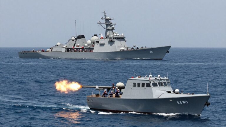 US Navy ship fires at Iranian boats near drone.