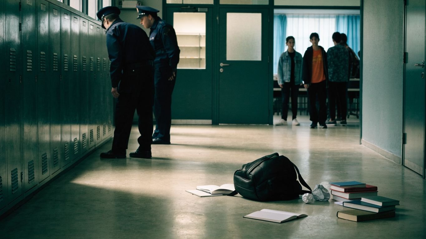 Police investigate a school corridor as students watch from nearby.