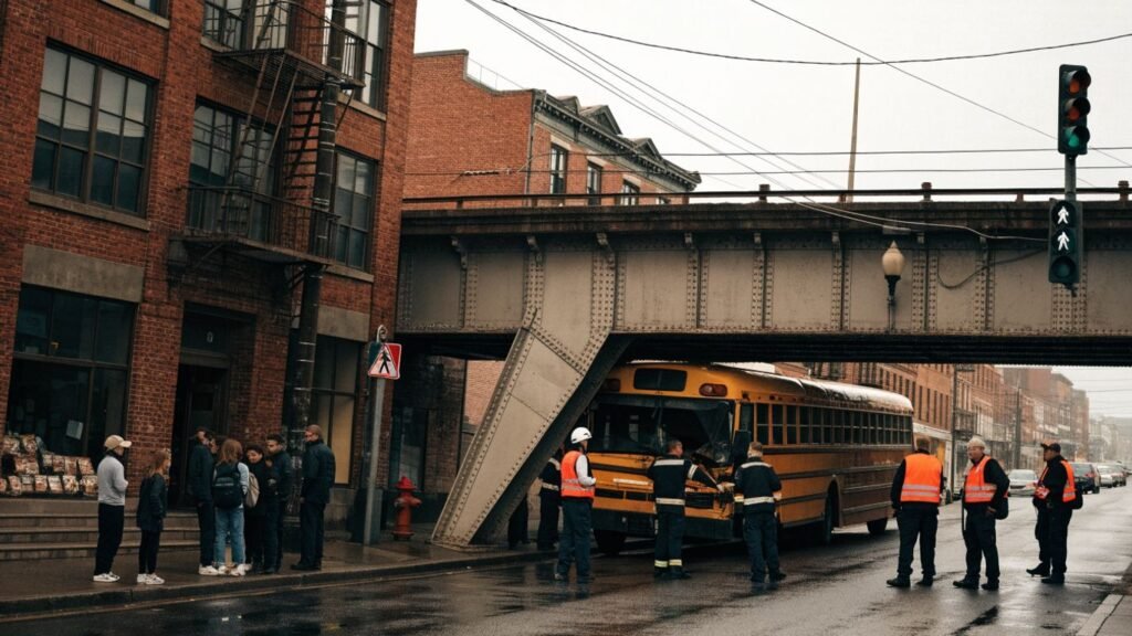 Damaged school bus beneath Newport railway bridge with emergency responders nearby