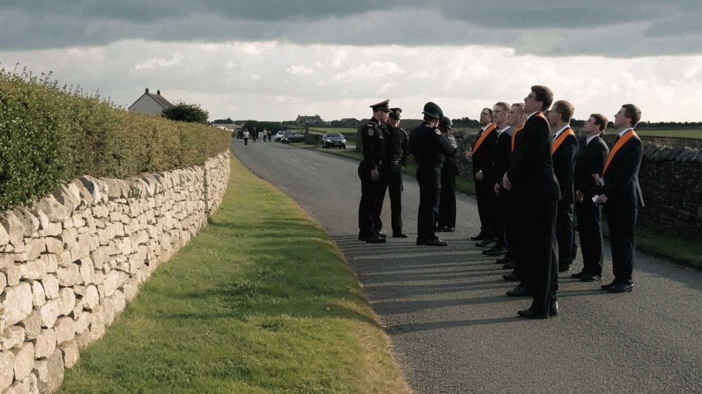 Police face parade participants on a quiet Portadown road