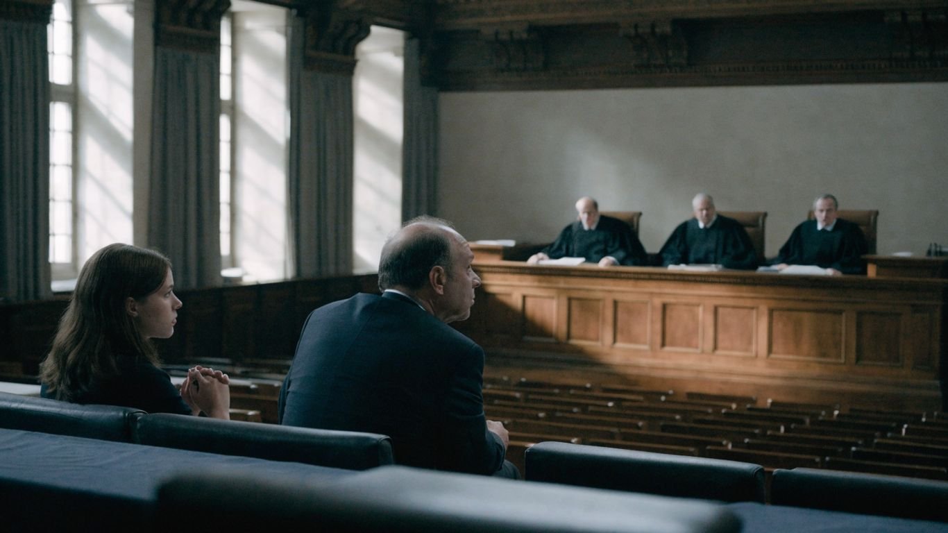 Judges sit above a woman and lawyer in court.