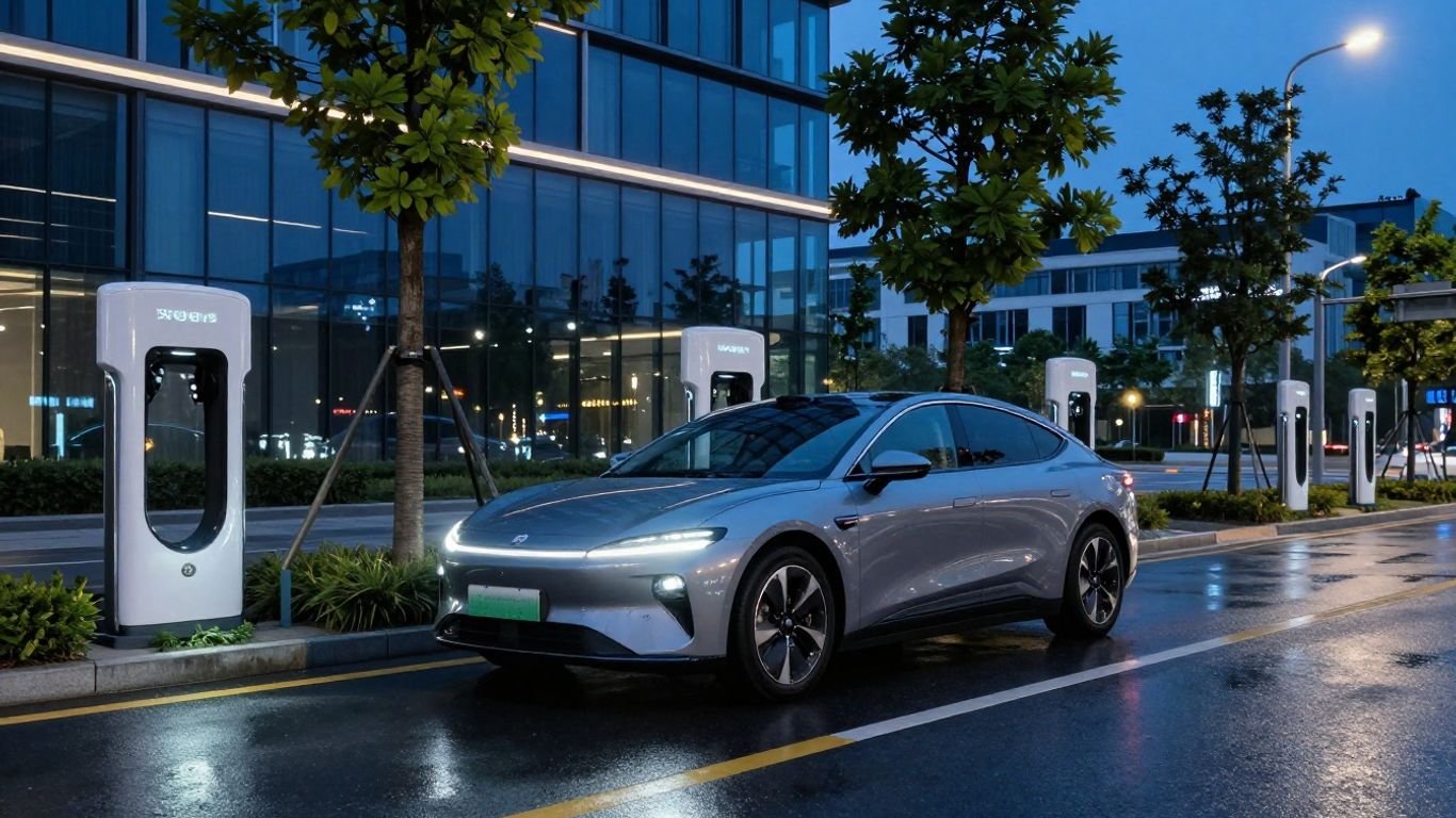 Electric car drives through a modern city at dusk