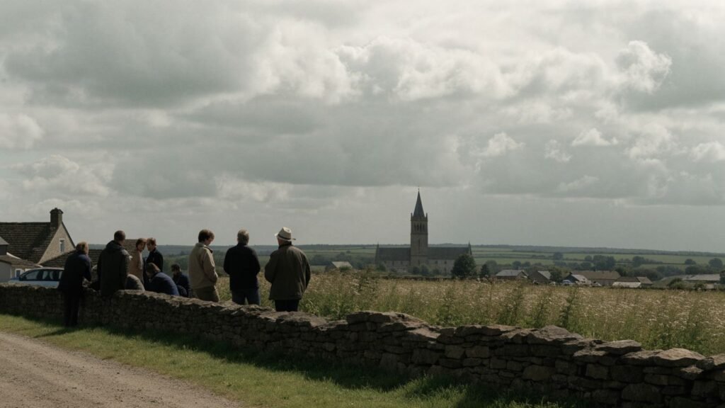 Drumcree residents gather on a quiet street beneath cloudy skies.