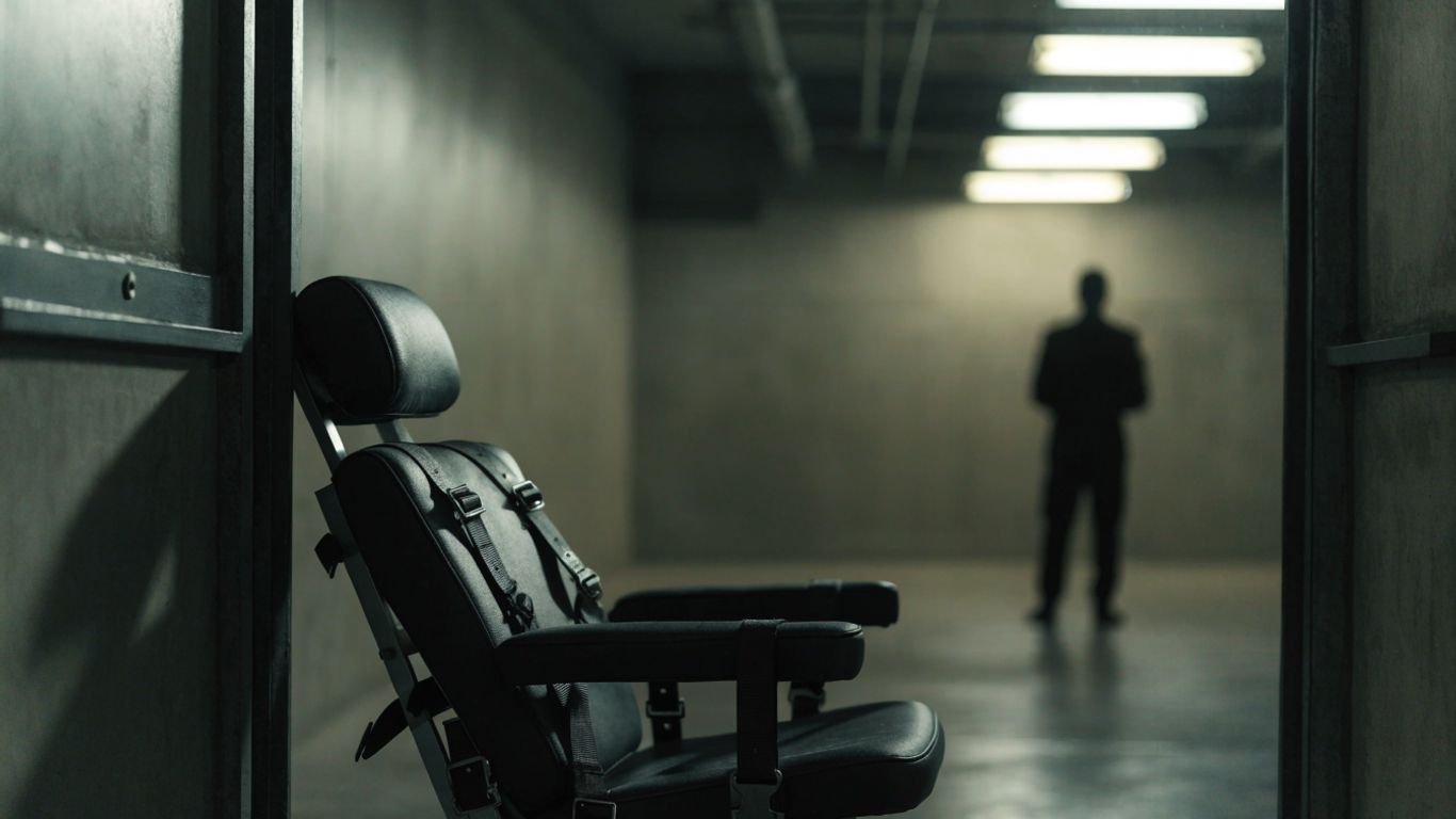 Empty execution chamber with a guard in shadow.