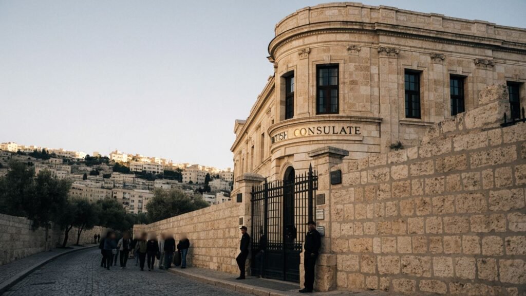 British Consulate building on a quiet East Jerusalem street
