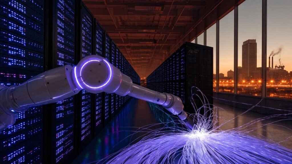 Glowing server racks beside a robotic arm and industrial skyline