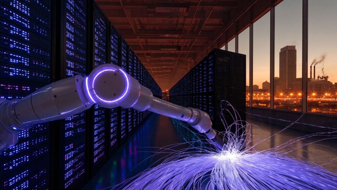 Glowing server racks beside a robotic arm and industrial skyline