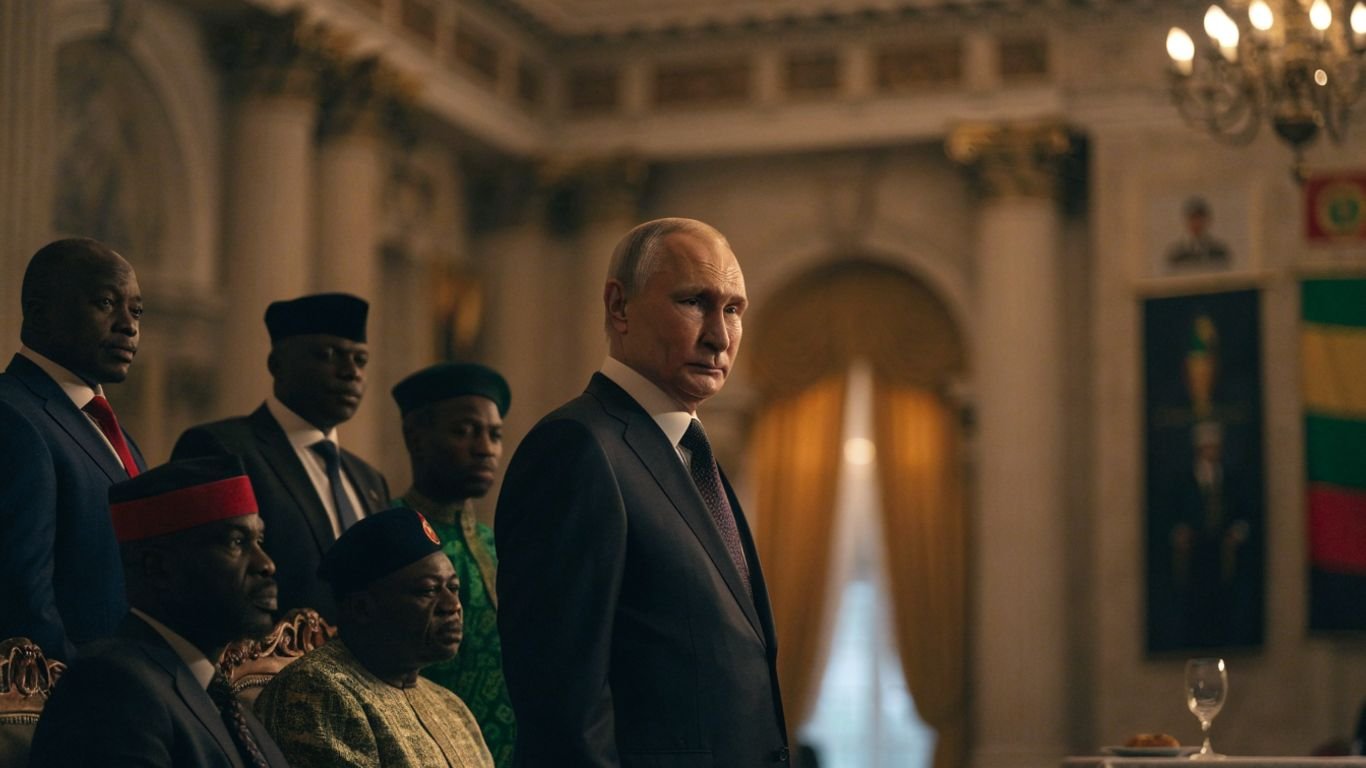 Putin stands with African leaders at a diplomatic gathering