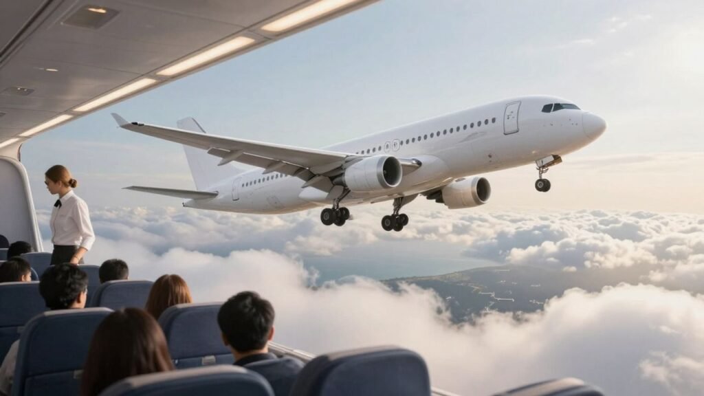 Passengers brace inside a descending airplane as clouds drift outside.