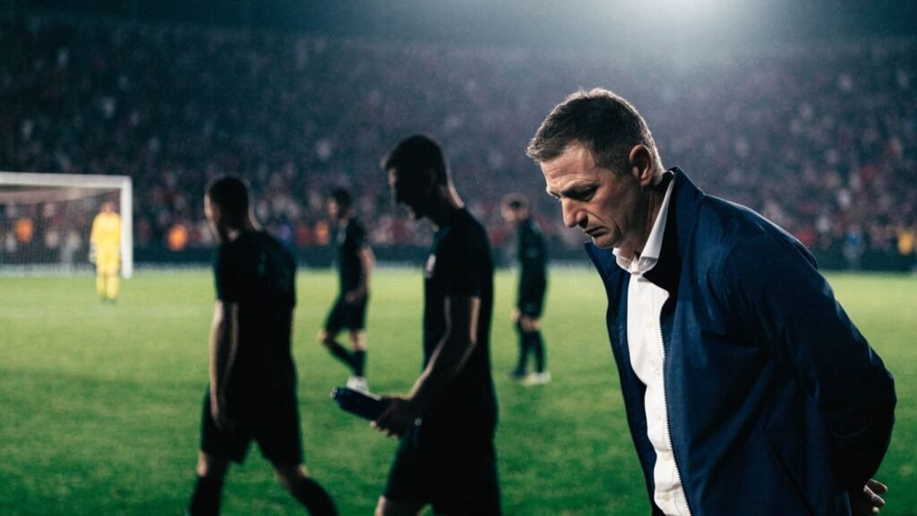 Frustrated manager watches players after another scoreless football match