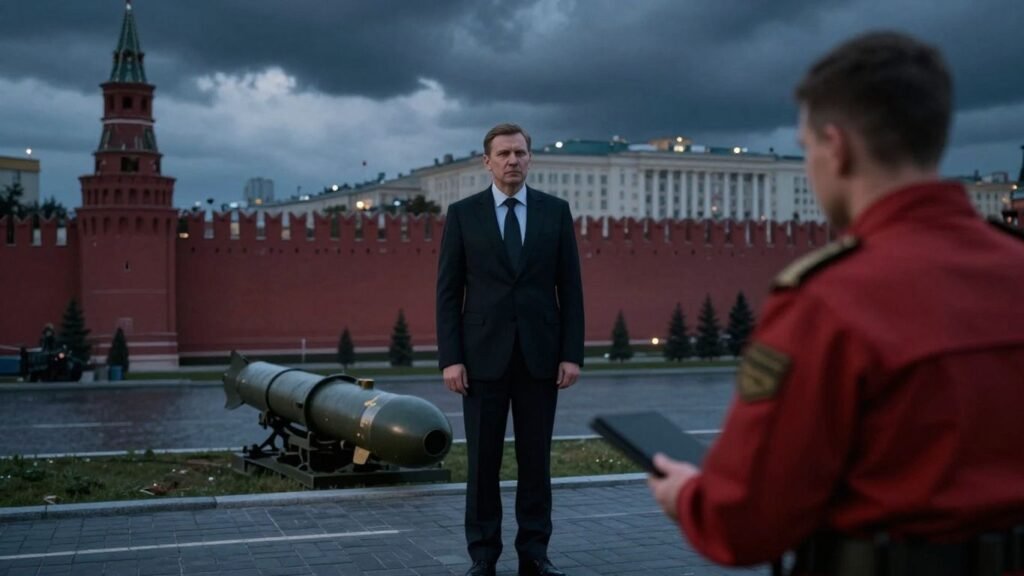 Russian analyst and officer beneath storm clouds near Kremlin