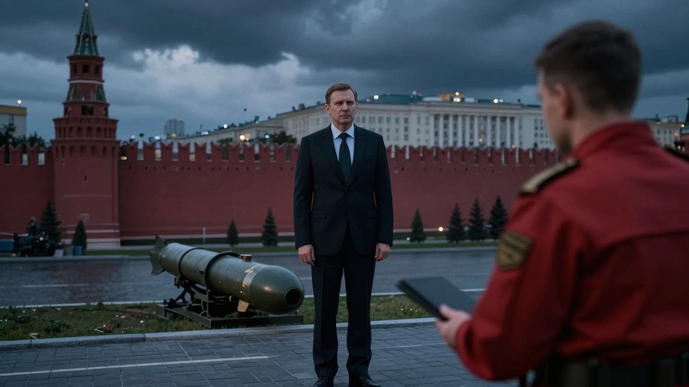Russian analyst and officer beneath storm clouds near Kremlin