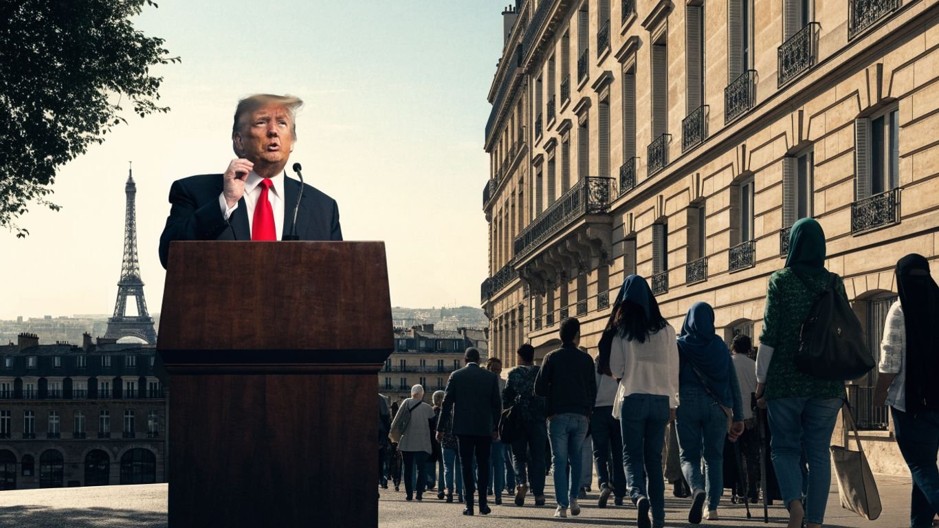 Trump speaks before Paris skyline as Muslim residents walk nearby.