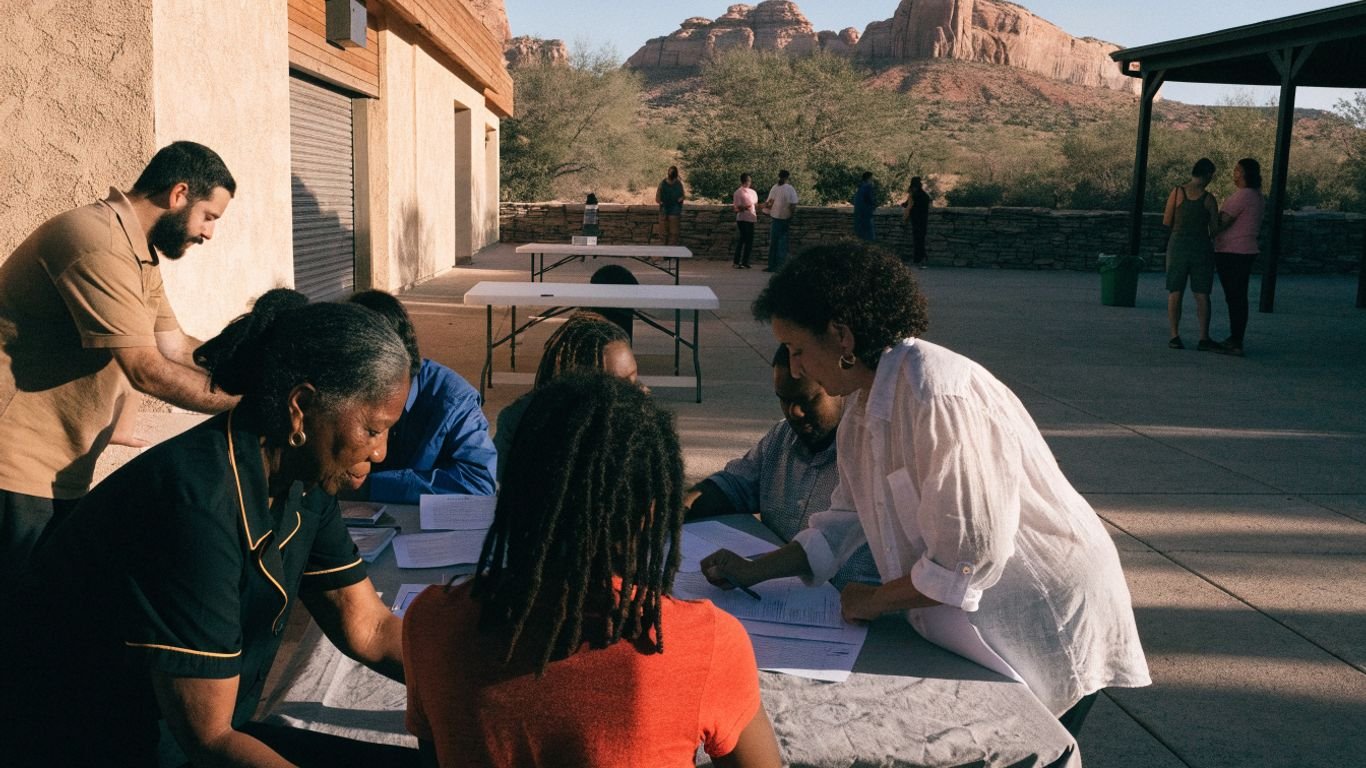 Arizona residents register to vote as observers watch nearby.