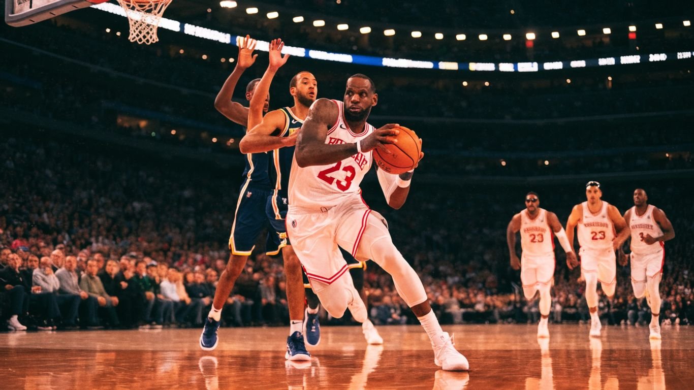 LeBron James drives past Knicks defenders during his 76ers debut.